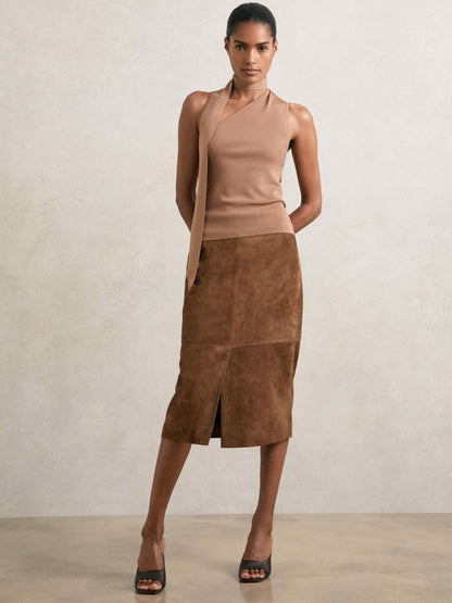 Suede Straight-Fit Midi Skirt in Tan Brown | Reiss Women Best Seller
