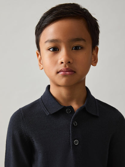 9-13 yrs Merino Wool Long-Sleeve Polo Shirt in Navy | Reiss Children & Baby Popular
