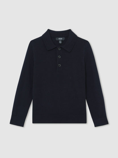9-13 yrs Merino Wool Long-Sleeve Polo Shirt in Navy | Reiss Children & Baby Popular