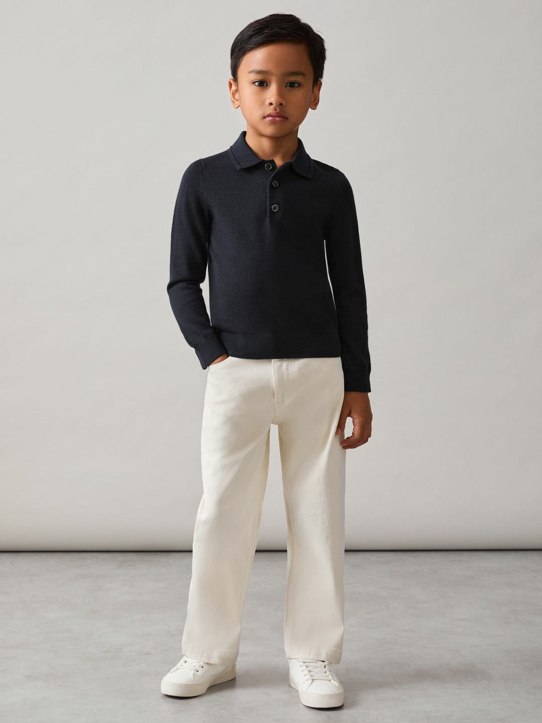 Merino Wool Long-Sleeve Polo Shirt in Navy | Reiss Children & Baby Premium