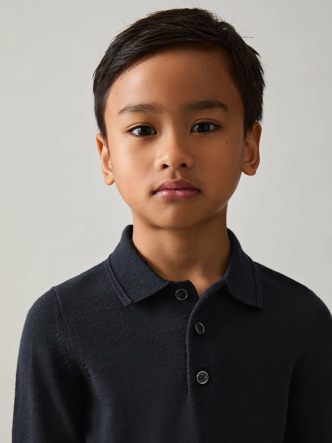 Merino Wool Long-Sleeve Polo Shirt in Navy | Reiss Children & Baby Premium