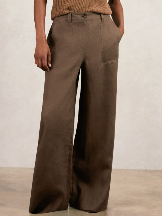 Petite Linen Wide Leg Trousers in Chocolate Brown | Reiss Women Recommended
