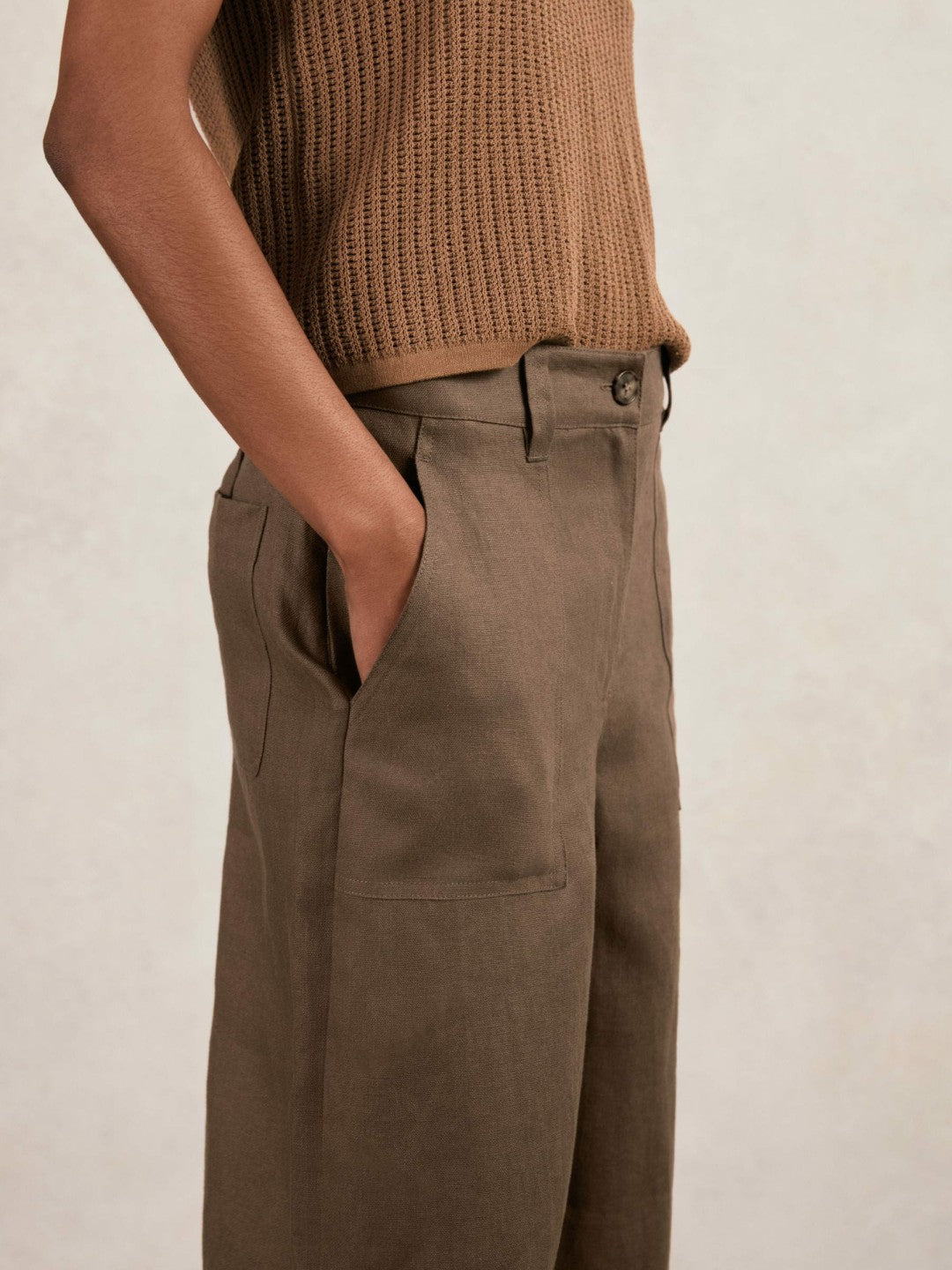 Petite Linen Wide Leg Trousers in Chocolate Brown | Reiss Women Recommended