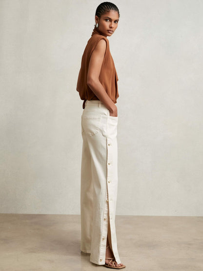 Petite Side Button Wide Leg Jeans in Cream | Reiss Women Exclusive