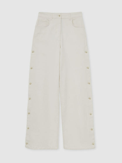 Petite Side Button Wide Leg Jeans in Cream | Reiss Women Exclusive