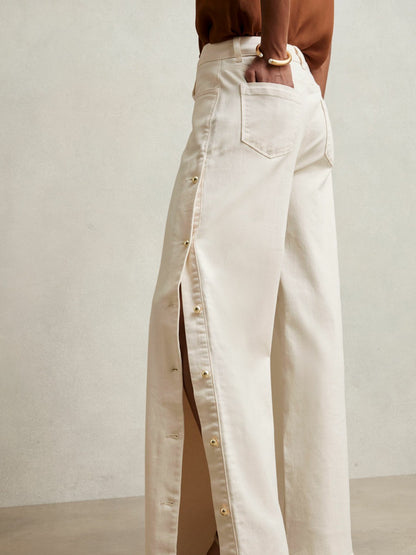 Petite Side Button Wide Leg Jeans in Cream | Reiss Women Exclusive