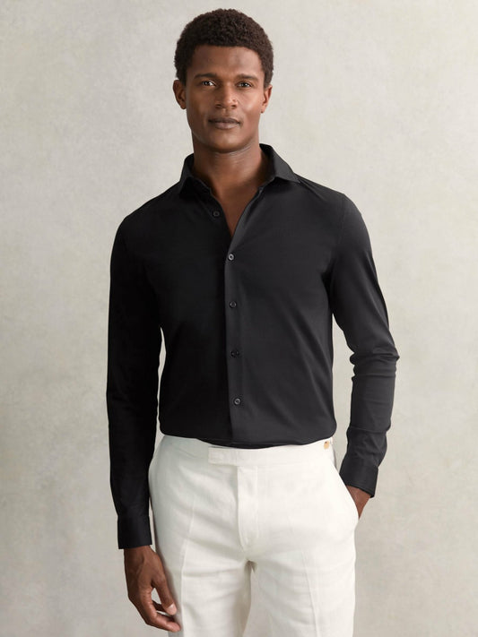Cotton-Jersey Button-Through Shirt in Black | Reiss Men Popular