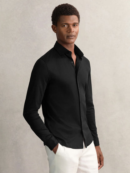 Cotton-Jersey Button-Through Shirt in Black | Reiss Men Popular