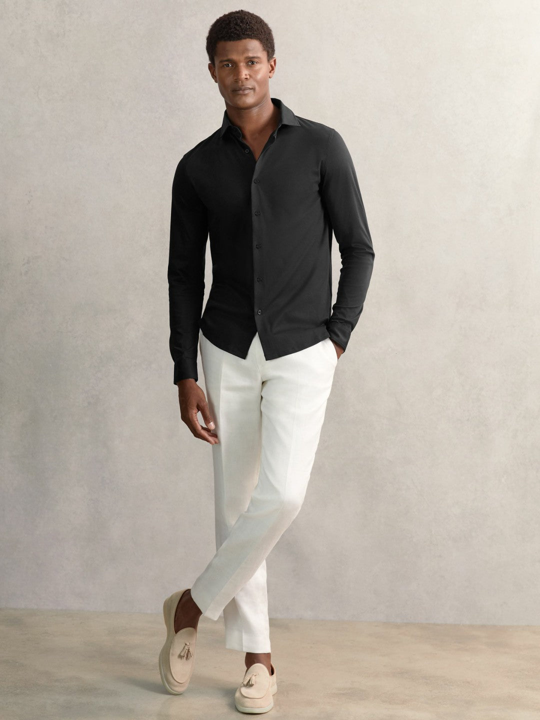 Cotton-Jersey Button-Through Shirt in Black | Reiss Men Popular