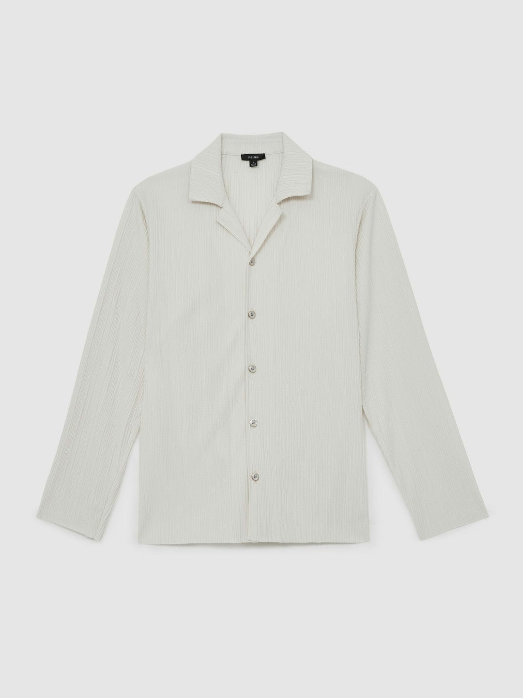 Plissé Cuban-Collar Long-Sleeve Shirt in Off White | Reiss Men Signature
