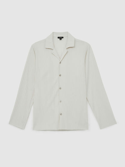 Plissé Cuban-Collar Long-Sleeve Shirt in Off White | Reiss Men Signature