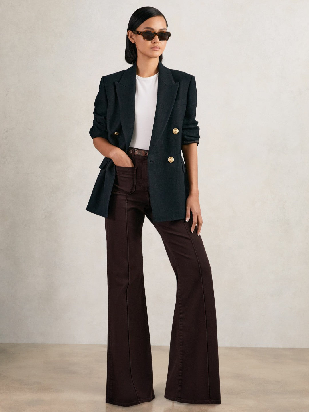 Petite Patch-Pocket Flared Jeans in Burgundy | Reiss Women New