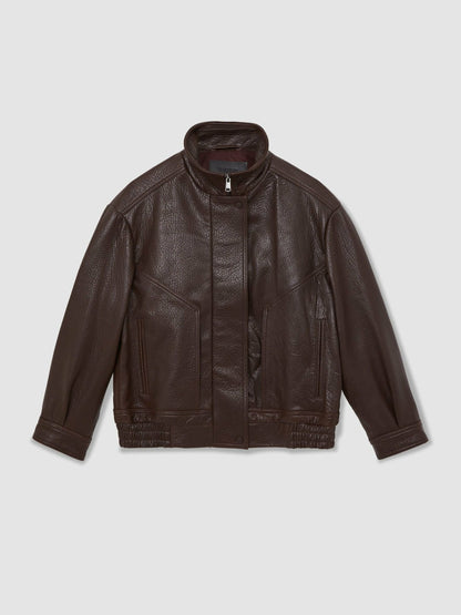 Oversize Grained-Leather Bomber Jacket in Burgundy | Reiss Women Recommended