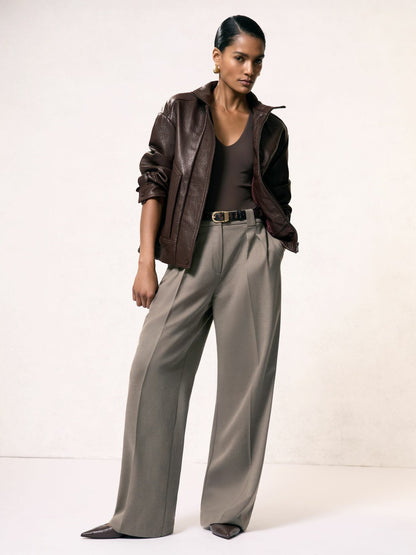 Oversize Grained-Leather Bomber Jacket in Burgundy | Reiss Women Recommended