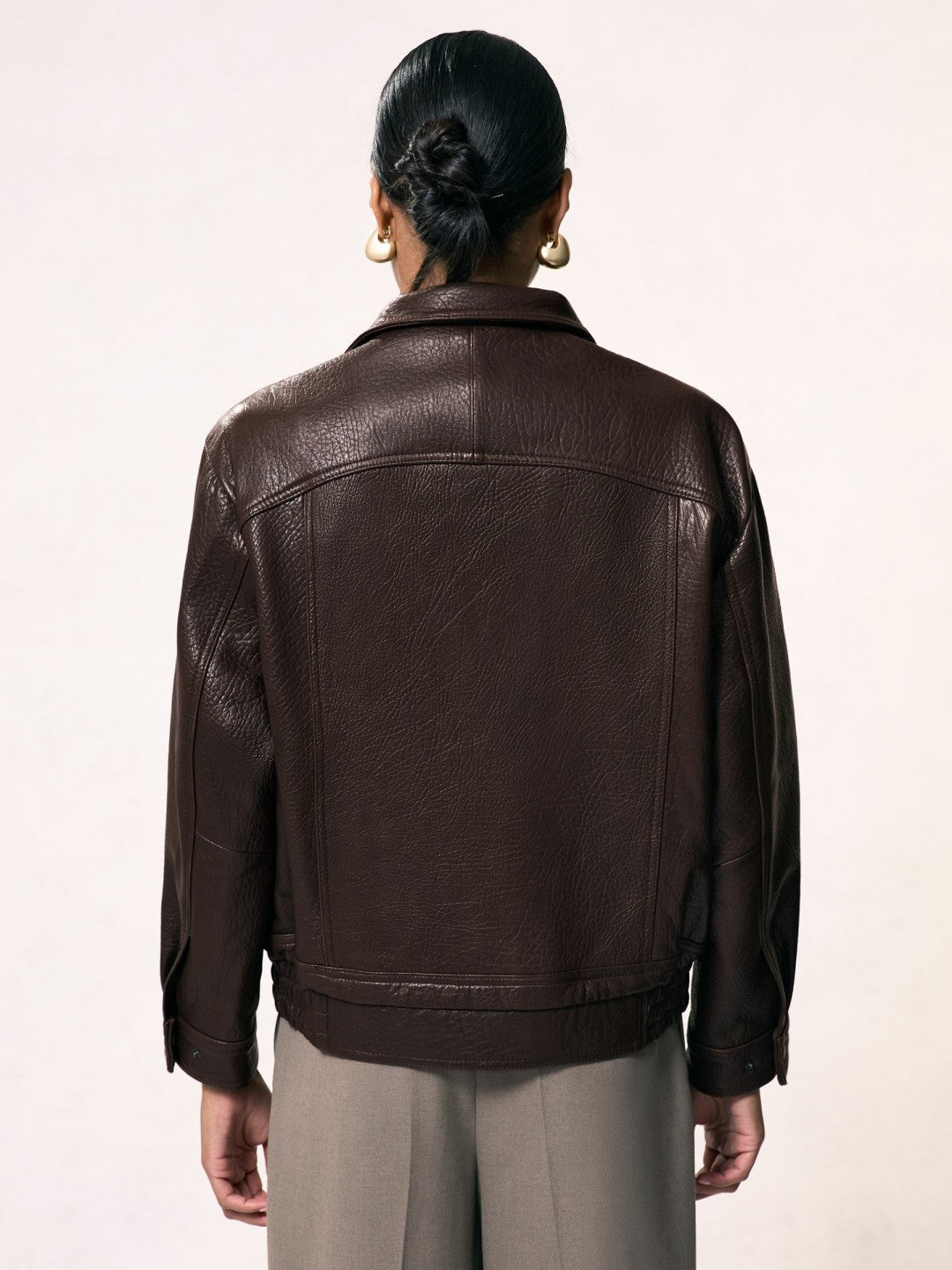 Oversize Grained-Leather Bomber Jacket in Burgundy | Reiss Women Recommended