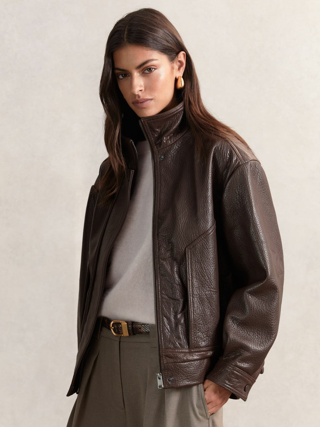 Oversize Grained-Leather Bomber Jacket in Burgundy | Reiss Women Recommended
