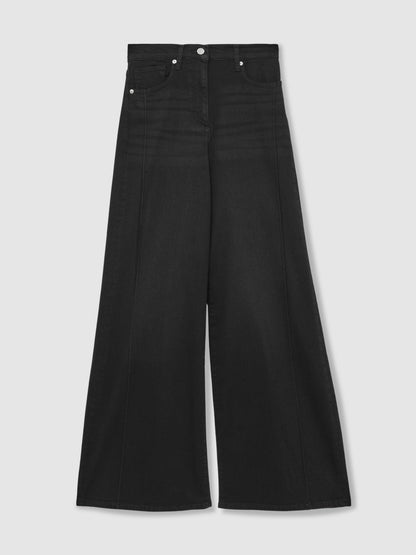 Petite Stretch-Cotton Wide-Leg Jeans in Black | Reiss Women New