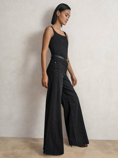 Petite Stretch-Cotton Wide-Leg Jeans in Black | Reiss Women New