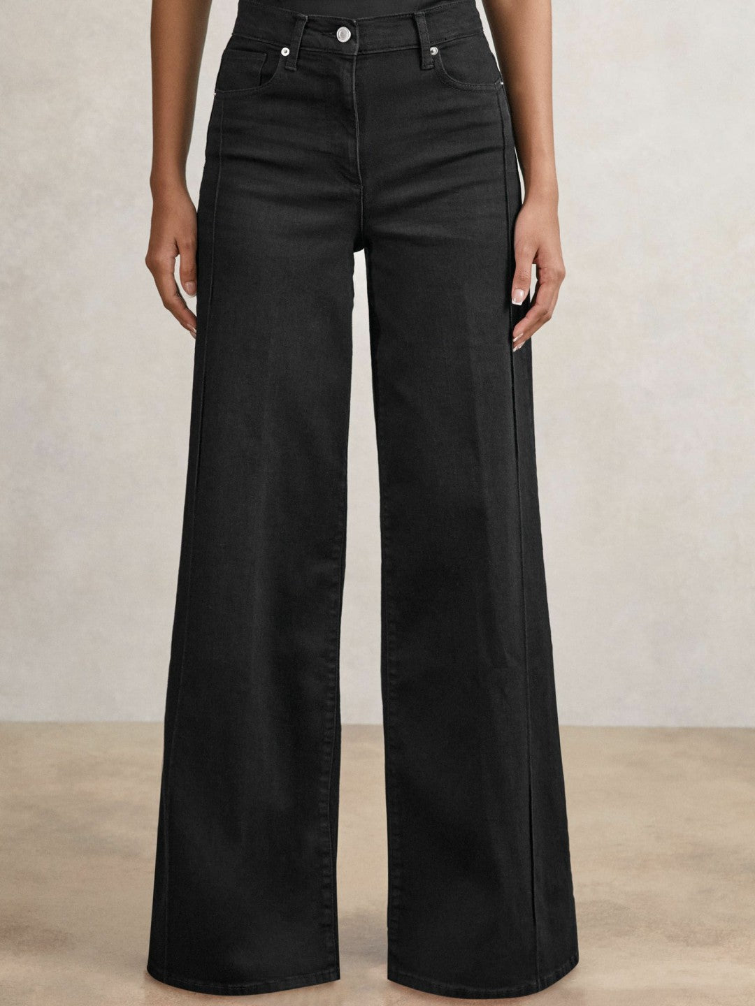 Petite Stretch-Cotton Wide-Leg Jeans in Black | Reiss Women New