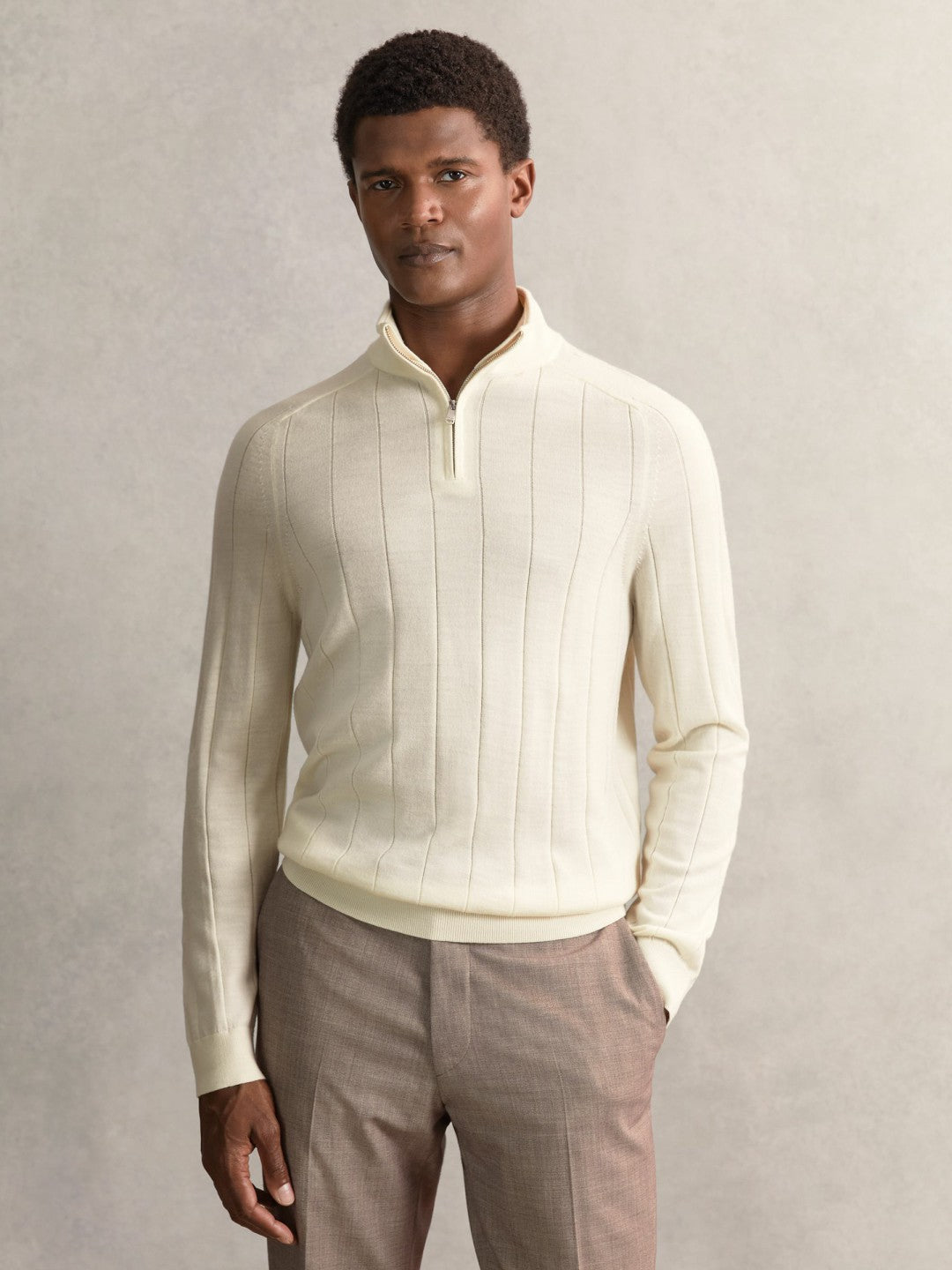 Merino Wool Wide-Rib Half-Zip Jumper in Bianco | Reiss Men Signature