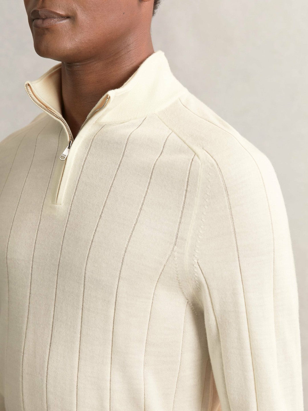 Merino Wool Wide-Rib Half-Zip Jumper in Bianco | Reiss Men Signature
