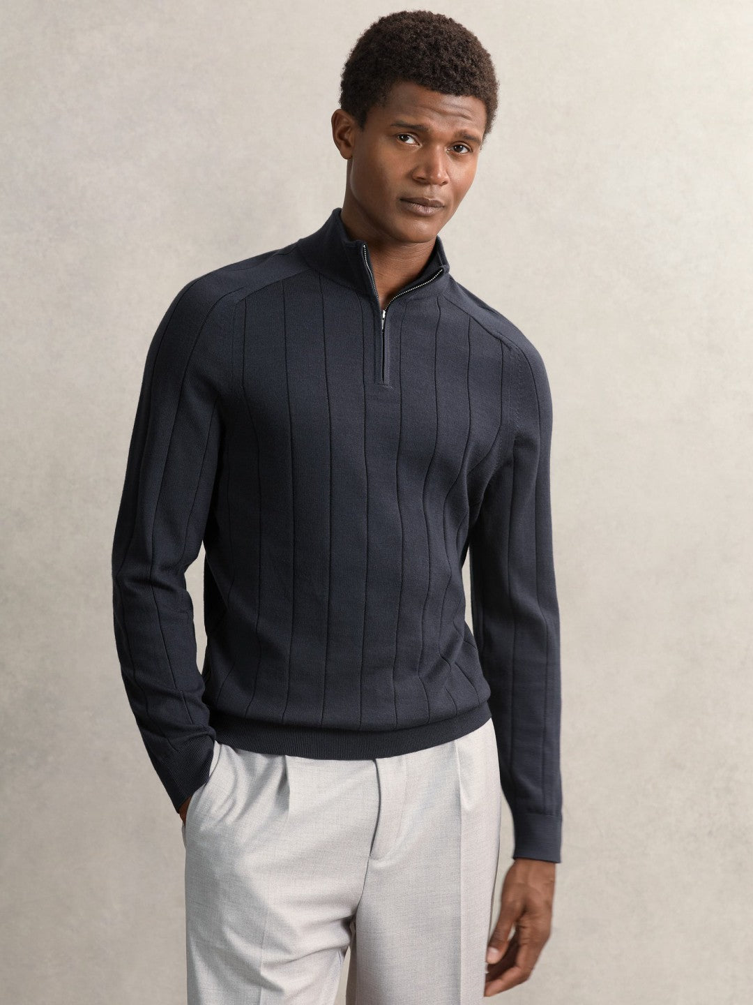 Merino Wool Wide-Rib Half-Zip Jumper in Airforce Blue | Reiss Men Best Seller