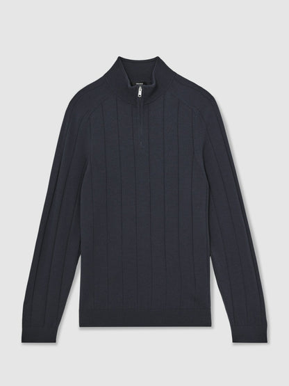 Merino Wool Wide-Rib Half-Zip Jumper in Airforce Blue | Reiss Men Best Seller