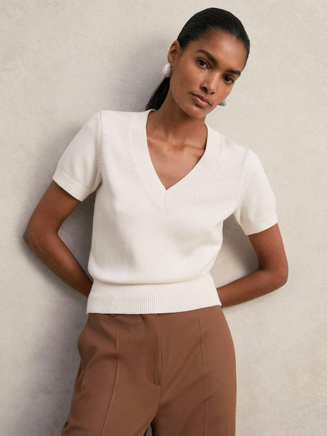 Cotton-Wool Knit V-Neck Top in Ivory | Reiss Women Featured