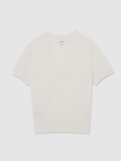 Cotton-Wool Knit V-Neck Top in Ivory | Reiss Women Featured