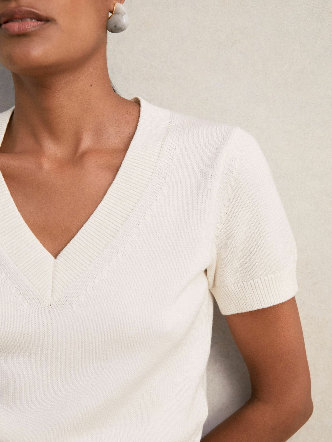 Cotton-Wool Knit V-Neck Top in Ivory | Reiss Women Featured
