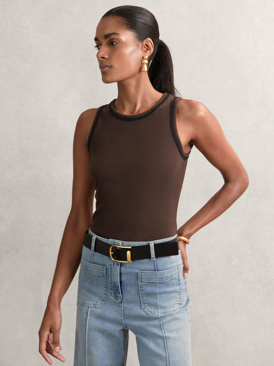 Stretch-Cotton Jersey Tipped Vest in Chocolate Brown/Black | Reiss Women Trending