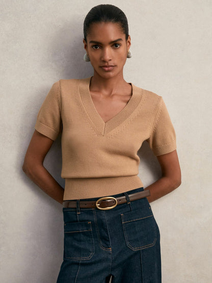Cotton-Wool Knit V-Neck Top in Camel | Reiss Women Exclusive