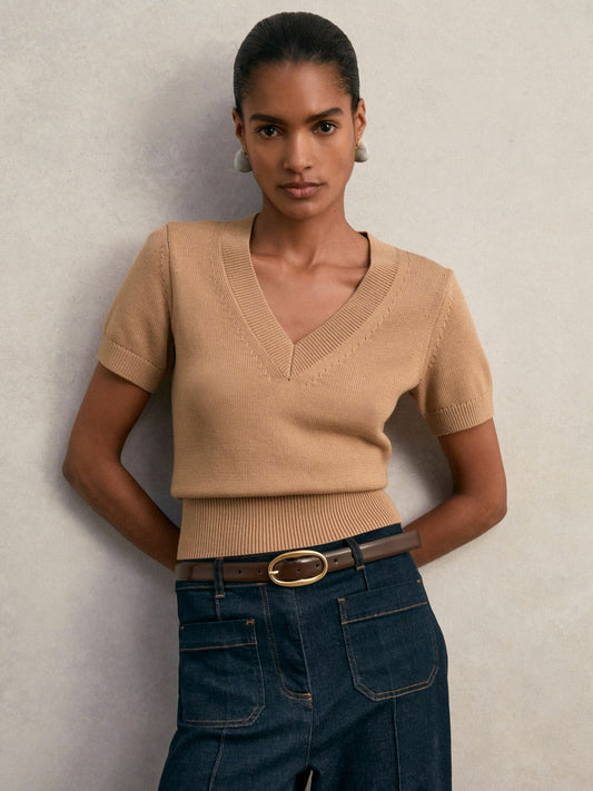 Cotton-Wool Knit V-Neck Top in Camel | Reiss Women Exclusive