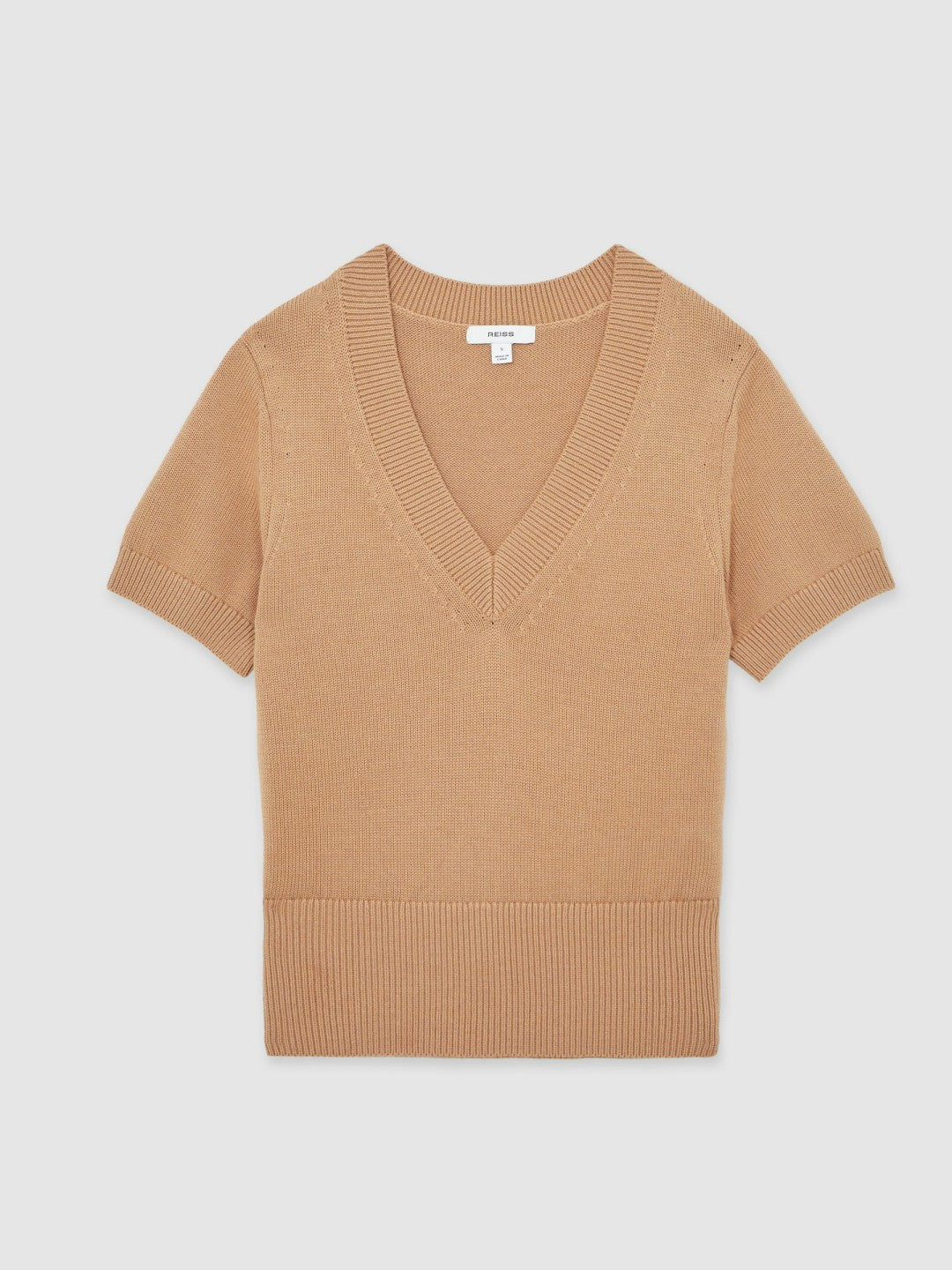 Cotton-Wool Knit V-Neck Top in Camel | Reiss Women Exclusive