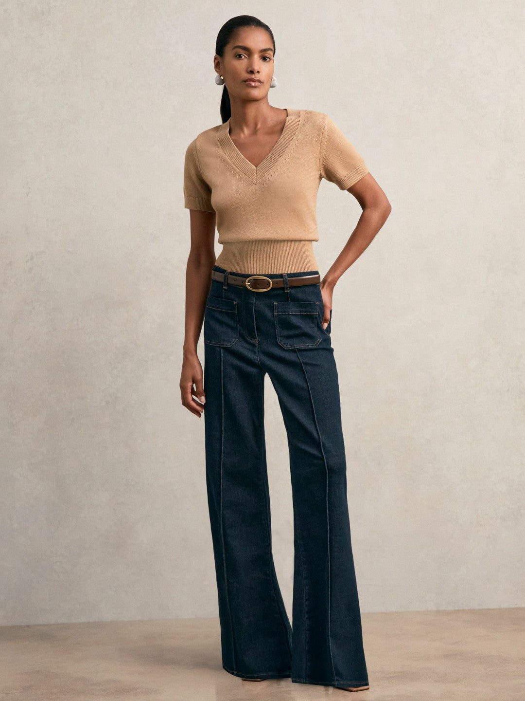 Cotton-Wool Knit V-Neck Top in Camel | Reiss Women Exclusive