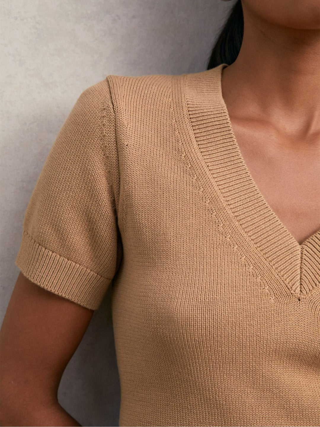 Cotton-Wool Knit V-Neck Top in Camel | Reiss Women Exclusive