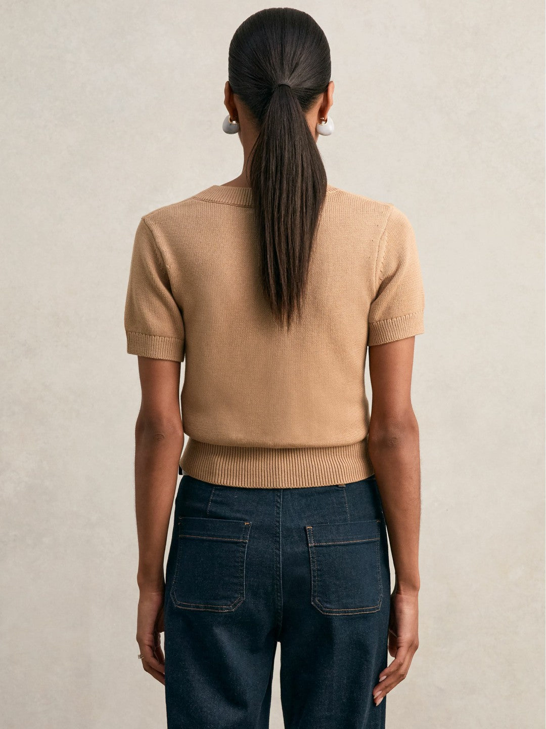 Cotton-Wool Knit V-Neck Top in Camel | Reiss Women Exclusive