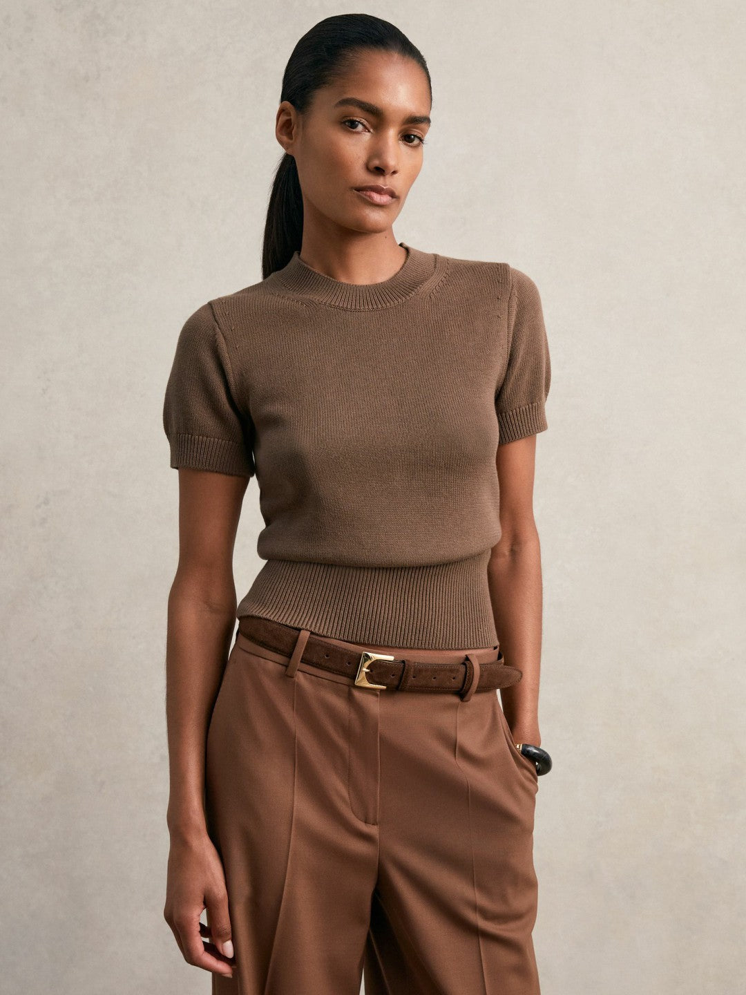 Cotton And Wool Crew-Neck Top in Brown | Reiss Women Popular
