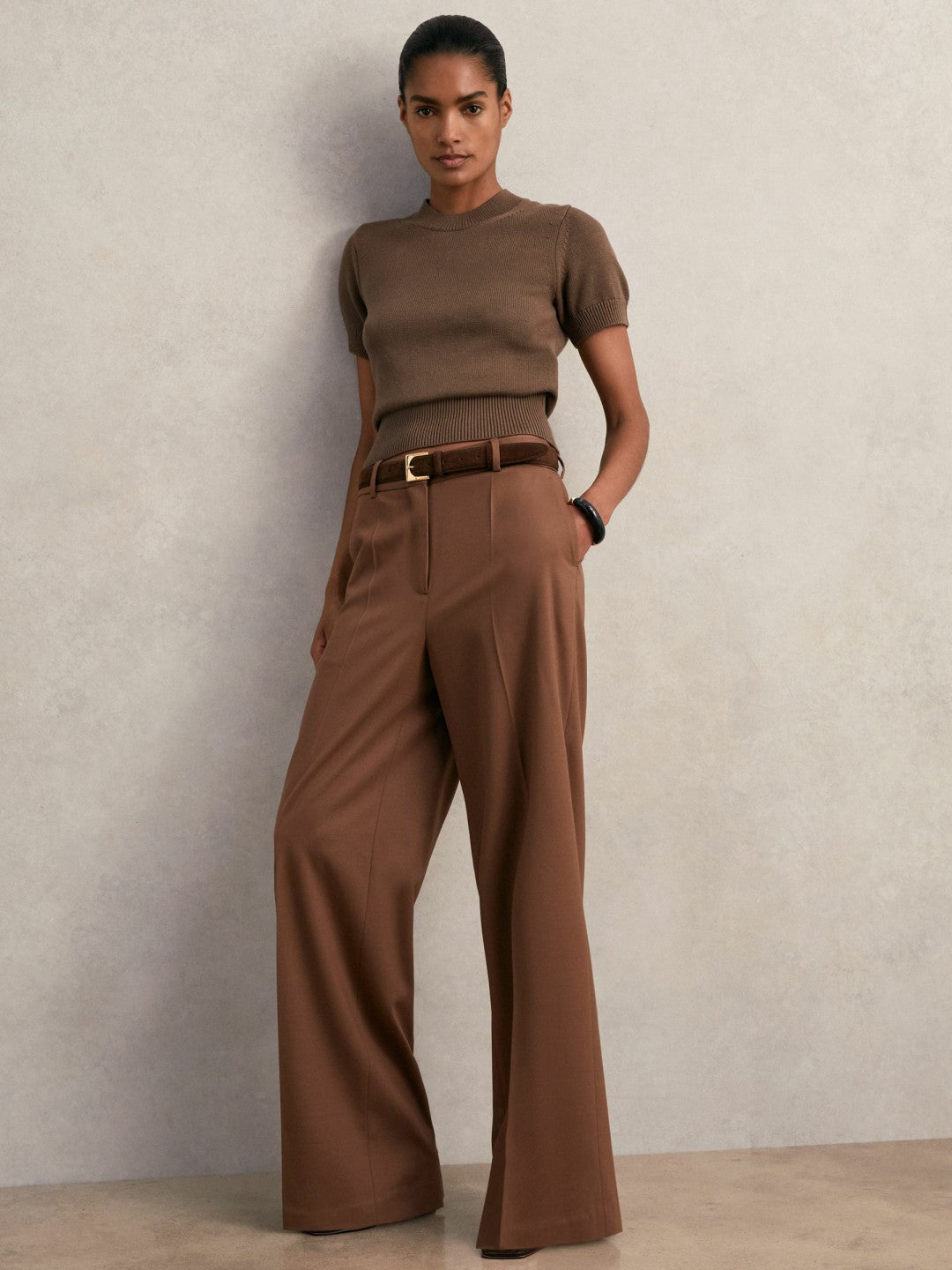 Cotton And Wool Crew-Neck Top in Brown | Reiss Women Popular