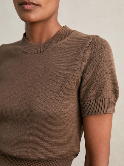 Cotton And Wool Crew-Neck Top in Brown | Reiss Women Popular