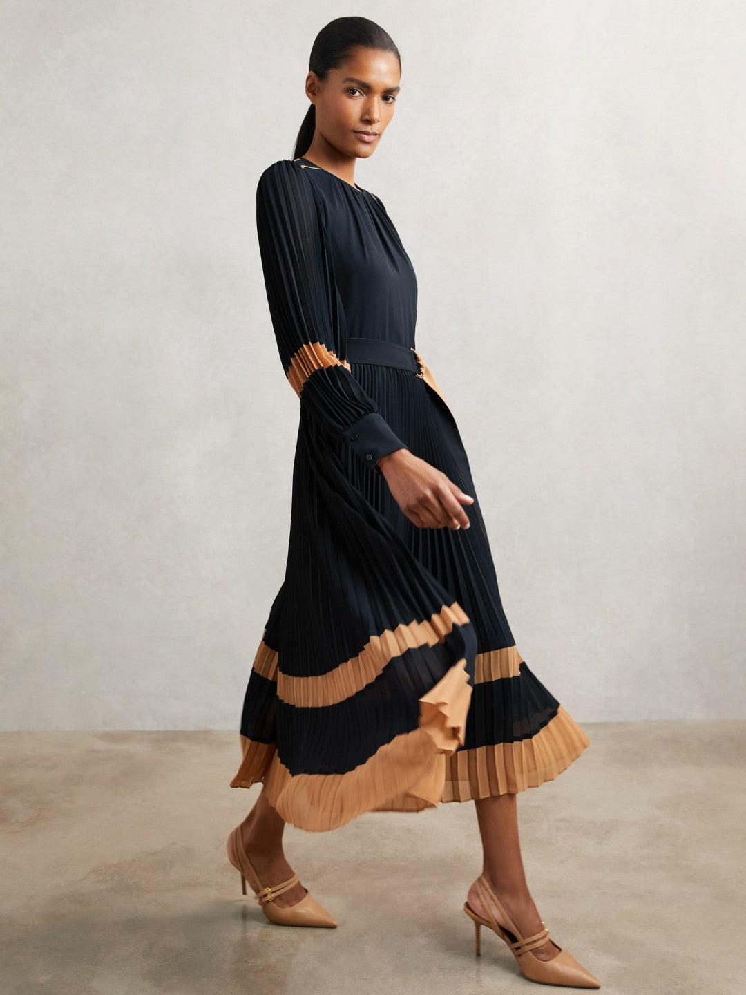 Colour-Block Pleated Midi Dress in Navy/Camel | Reiss Women Trending