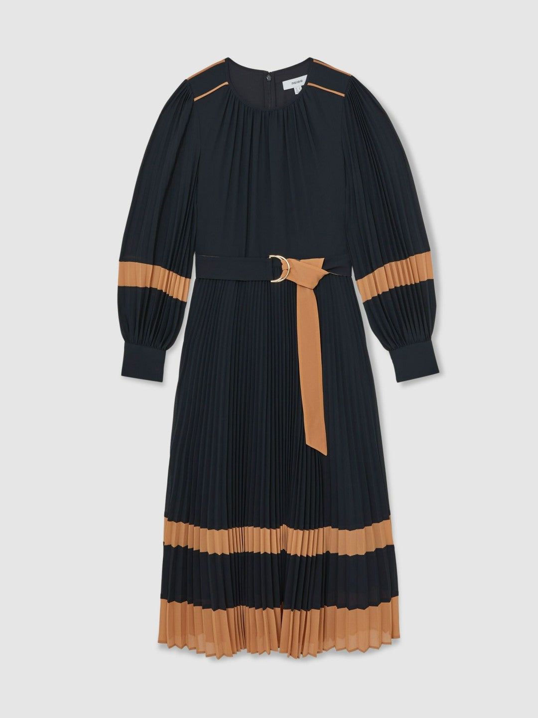 Colour-Block Pleated Midi Dress in Navy/Camel | Reiss Women Trending