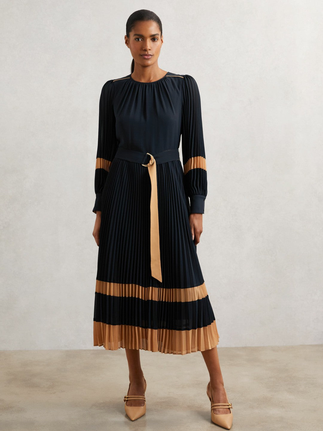 Colour-Block Pleated Midi Dress in Navy/Camel | Reiss Women Trending