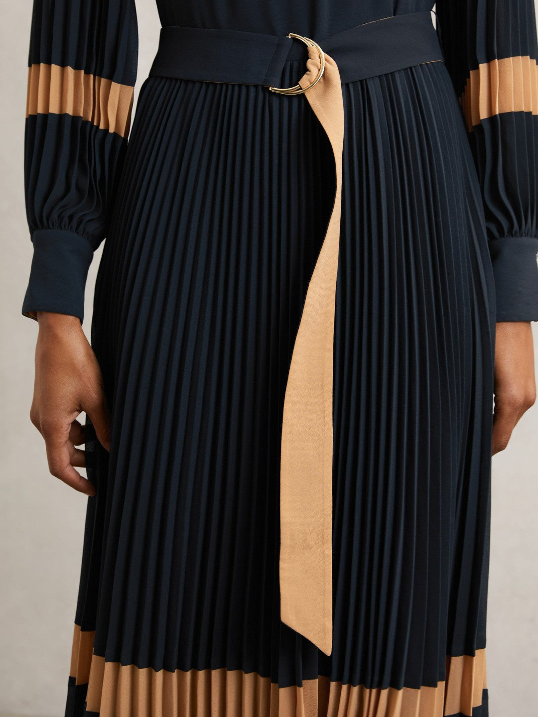 Colour-Block Pleated Midi Dress in Navy/Camel | Reiss Women Trending