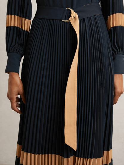 Colour-Block Pleated Midi Dress in Navy/Camel | Reiss Women Trending