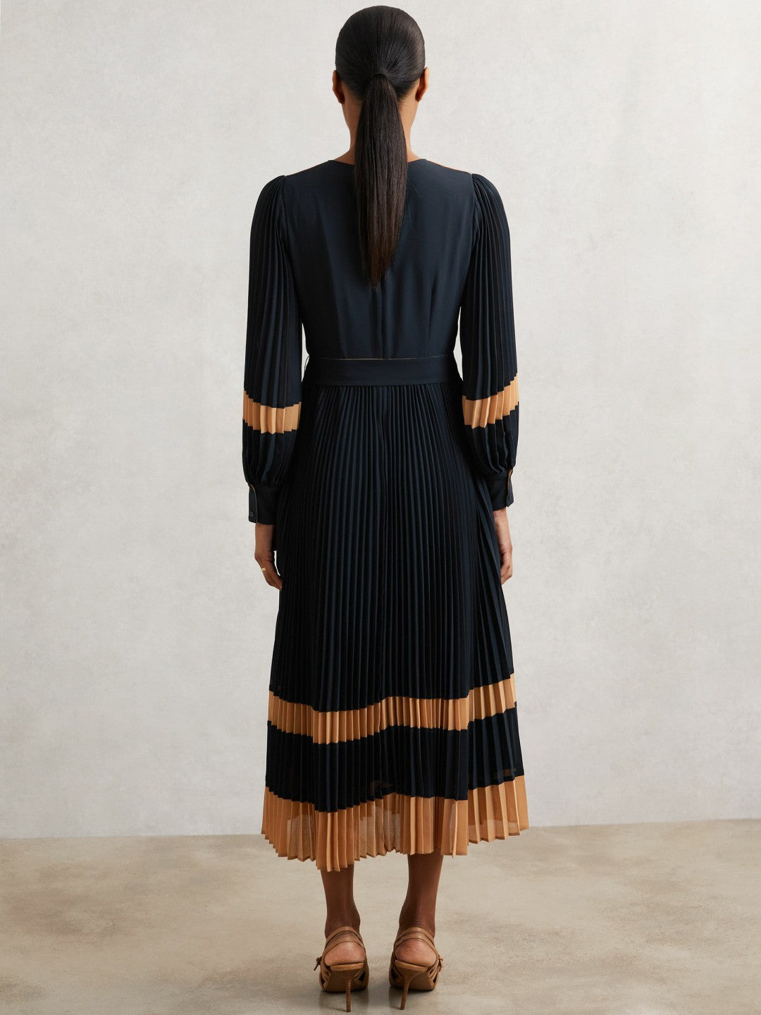 Colour-Block Pleated Midi Dress in Navy/Camel | Reiss Women Trending