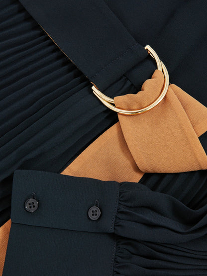 Colour-Block Pleated Midi Dress in Navy/Camel | Reiss Women Trending