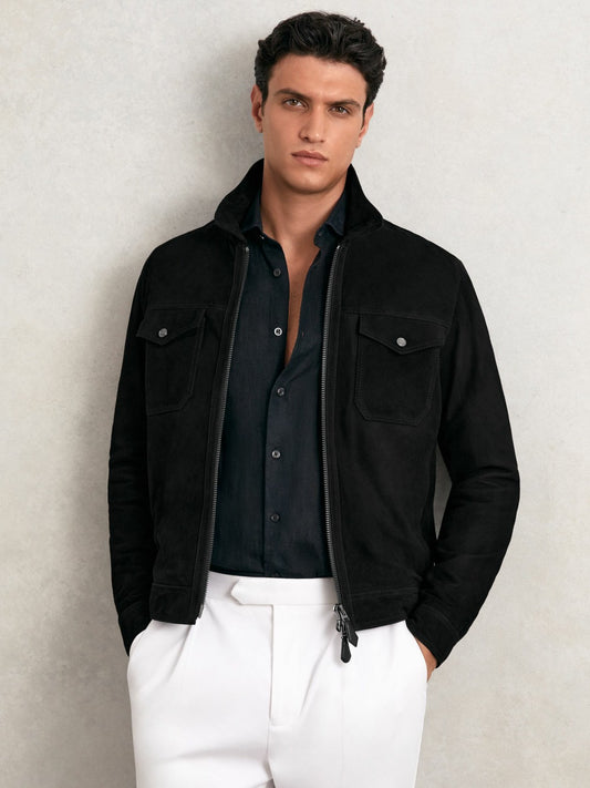 Suede Zip Through Jacket in Black | Reiss Men Signature