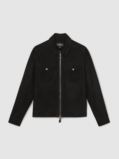 Suede Zip Through Jacket in Black | Reiss Men Signature