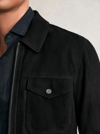 Suede Zip Through Jacket in Black | Reiss Men Signature